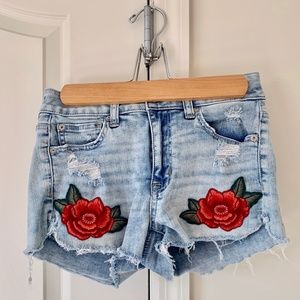 American Eagle Red Rose Embroidered Denim Shorts